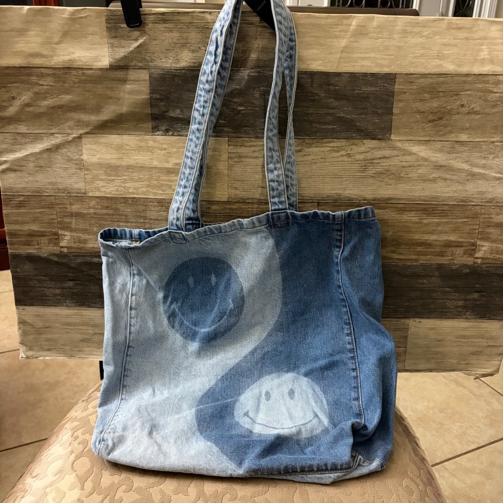 American Eagle Denim Tote Bag Yin Yang Smiley Face Blue Two Tone Jean Bag